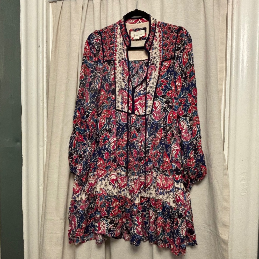 Anthropologie Floral Paisley Tiered Mini Dress Red Navy Blue Boho OB1475343 M